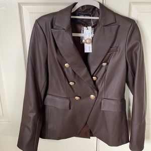 Chocolate Brown Faux Leather Blazer with gold buttons